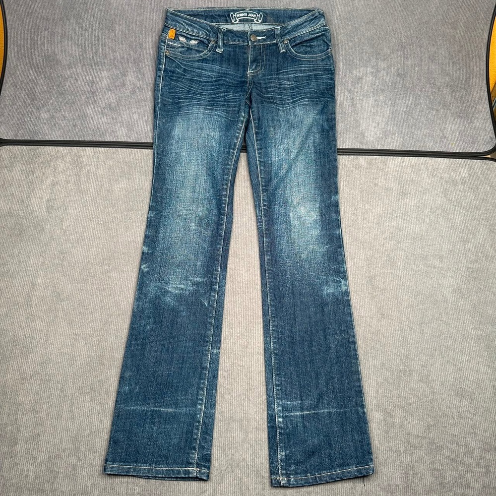 Robins Jean Womens Low Rise Bootcut y2k Denim Medium Wash Angel Wing Embroidery